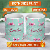 Personalized Custom Name Watercolor Pink Ribbon Bow Seamless Pattern on Teal Background 11oz Ceramic Coffee Tea Mug White Large Handle