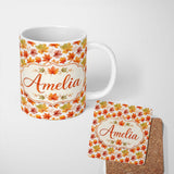 Personalized Custom Name Orange and Yellow Maple Leaf Pattern with Detailed Autumn Foliage 11oz Ceramic Coffee Tea Mug White Large Handle