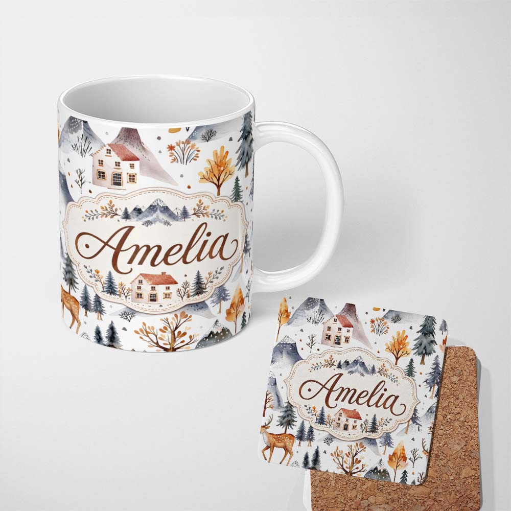 Personalized Custom Name Watercolor Winter Landscape Houses Mountains Trees Seamless Pattern 11oz Ceramic Coffee Tea Mug White Large Handle