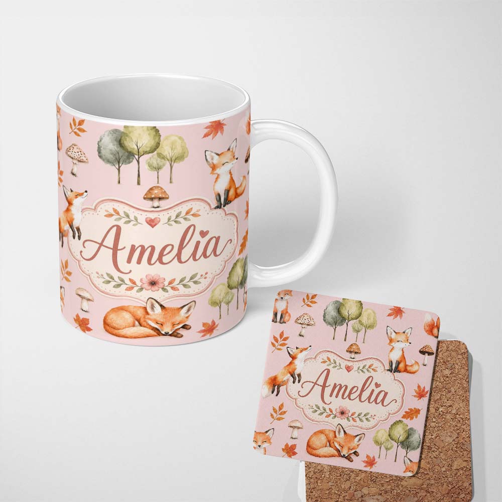 Personalized Custom Name Woodland Fox with Trees Leaves Mushrooms Soft Pink Seamless Pattern 11oz Ceramic Coffee Tea Mug White Large Handle