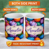 Personalized Custom Name Hand Painted Easter Egg Pattern with Dots and Decorative Details 11oz Ceramic Coffee Tea Mug White Large Handle