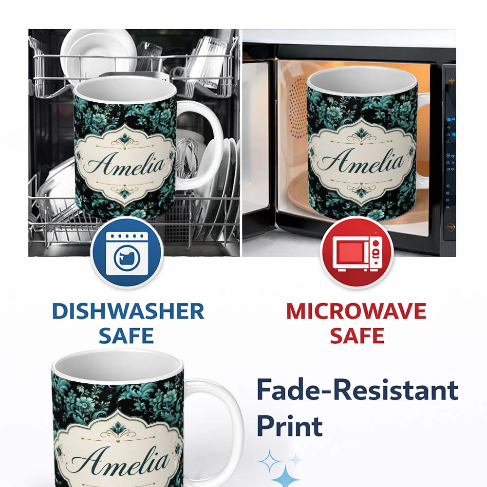 Personalized Custom Name Dark Teal Floral Damask Pattern with Ornate Botanical Details Lovely 11oz Ceramic Coffee Tea Mug White Large Handle