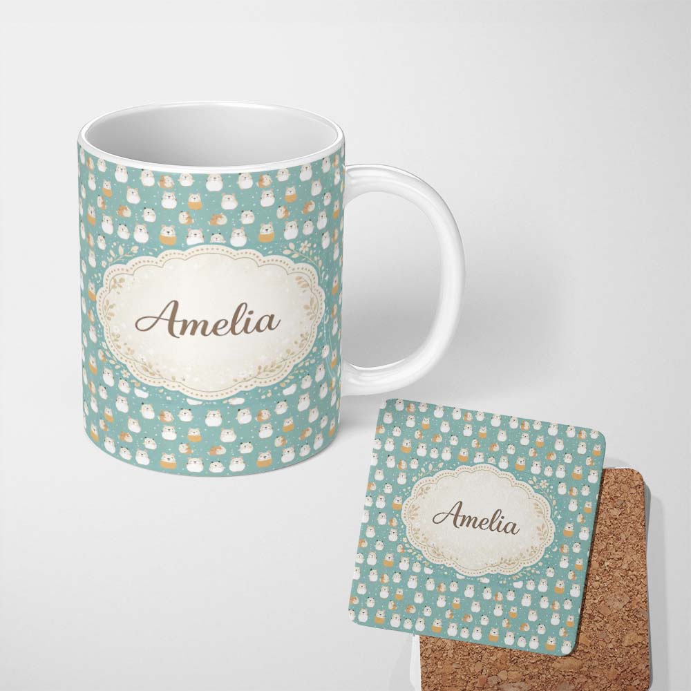 Personalized Custom Name Cute Hamster Winter Snow Seamless Pattern Beautiful Coffee Cup 11oz Ceramic Coffee Tea Mug White Large Handle