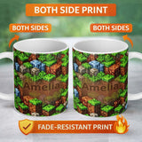 Personalized Custom Name Minecraft Style Grass Dirt Blocks Landscape Seamless Pattern Lovely 11oz Ceramic Coffee Tea Mug White Large Handle
