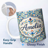Personalized Custom Name Watercolor Mediterranean Tile Blue and Orange Floral Seamless Lovely 11oz Ceramic Coffee Tea Mug White Large Handle