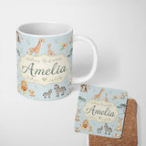 Personalized Custom Name Cute Safari Animals Giraffe Lion Zebra Parrot Seamless Pattern Blue 11oz Ceramic Coffee Tea Mug White Large Handle