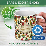 Personalized Custom Name Vintage Nordic Christmas Trees and Festive Ornaments in Red Green 11oz Ceramic Coffee Tea Mug White Large Handle