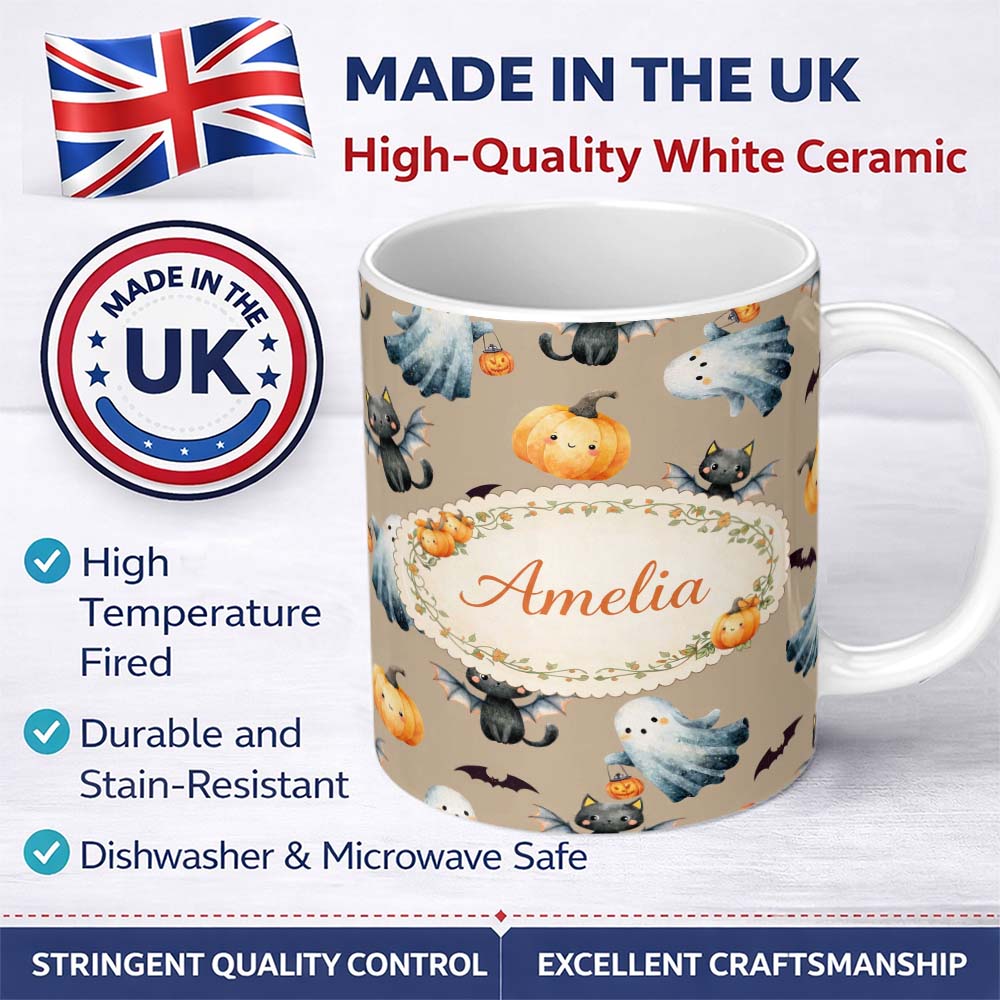 Personalized Custom Name Halloween Ghost Pumpkin Cat Seamless Pattern Taupe Cute Spooky 11oz Ceramic Coffee Tea Mug White Large Handle