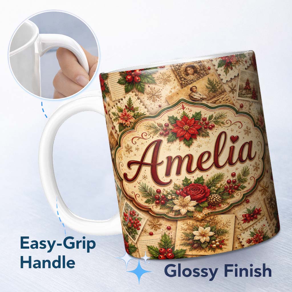 Personalized Custom Name Vintage Christmas Cards Floral Arrangements and Rustic Holiday 11oz Ceramic Coffee Tea Mug White Large Handle