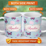 Personalized Custom Name Pink Purple Butterfly Floral Blue Background Seamless Pattern Lovely 11oz Ceramic Coffee Tea Mug White Large Handle