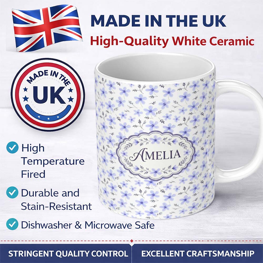 Personalized Custom Name Delicate Light Blue Floral Ditsy Seamless Pattern Cute Unique Gift 11oz Ceramic Coffee Tea Mug White Large Handle