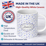 Personalized Custom Name Delicate Light Blue Floral Ditsy Seamless Pattern Cute Unique Gift 11oz Ceramic Coffee Tea Mug White Large Handle