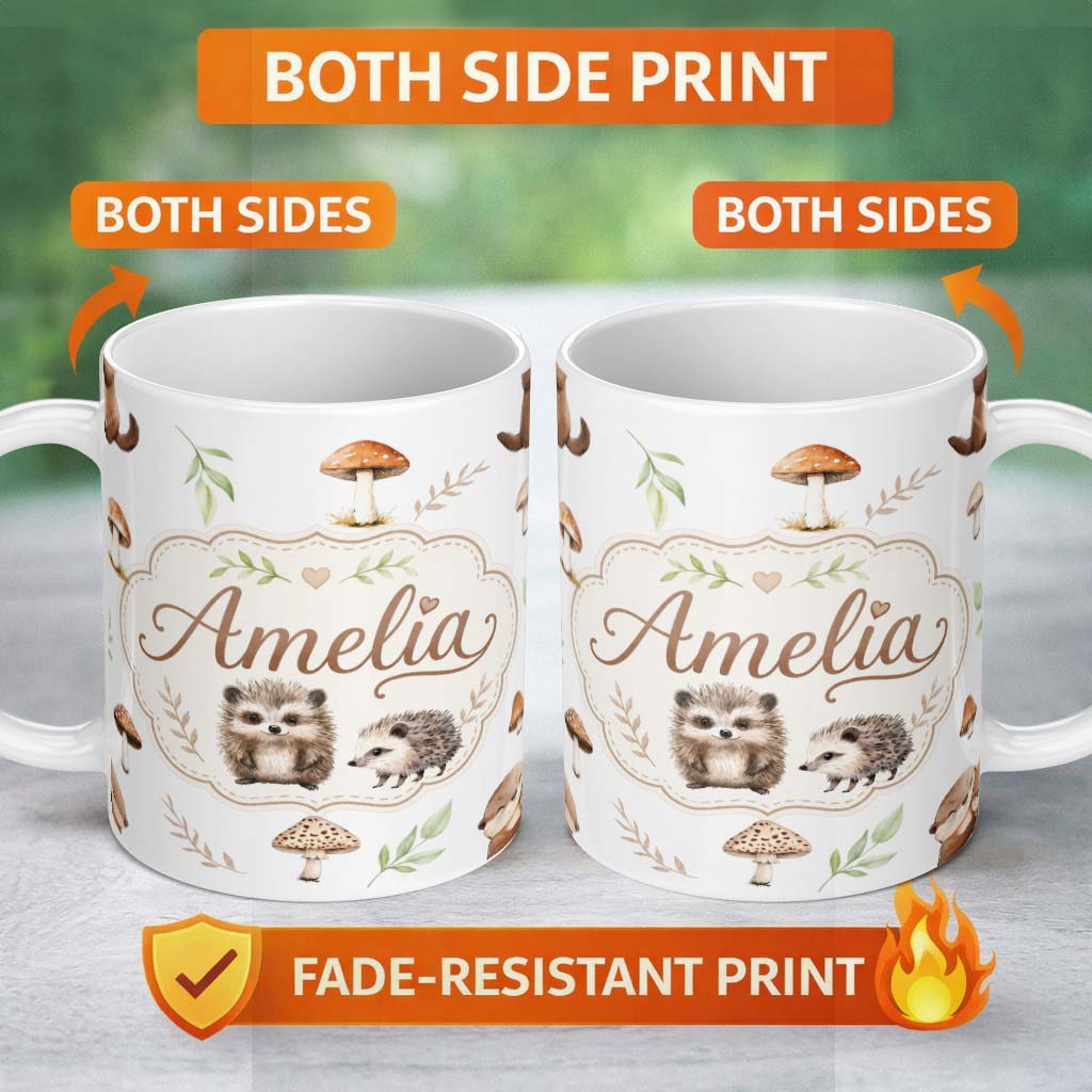 Personalized Custom Name Cute Woodland Hedgehogs with Mushrooms Leaves White Background 11oz Ceramic Coffee Tea Mug White Large Handle