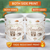 Personalized Custom Name Cute Woodland Hedgehogs with Mushrooms Leaves White Background 11oz Ceramic Coffee Tea Mug White Large Handle