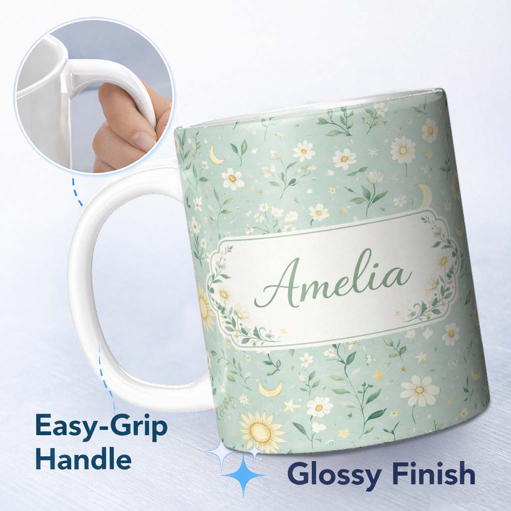 Personalized Custom Name Minimal Floral Leaves and Sun moon Pattern Beautiful Background 11oz Ceramic Coffee Tea Mug White Large Handle