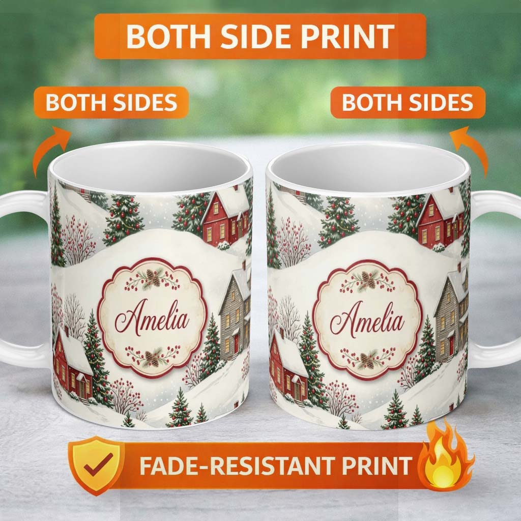 Personalized Custom Name Snowy Christmas Village Houses Winter Scene Seamless Pattern Lovely 11oz Ceramic Coffee Tea Mug White Large Handle