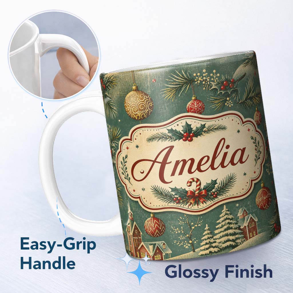 Personalized Custom Name Classic Christmas Ornaments Holly Candy Cane Pine Branch Seamless 11oz Ceramic Coffee Tea Mug White Large Handle