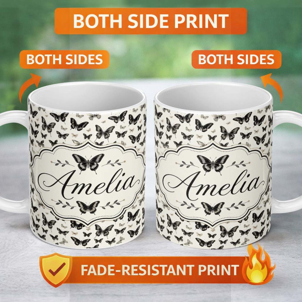Personalized Custom Name Black and White Butterfly Vintage Style Seamless Pattern Lovely 11oz Ceramic Coffee Tea Mug White Large Handle