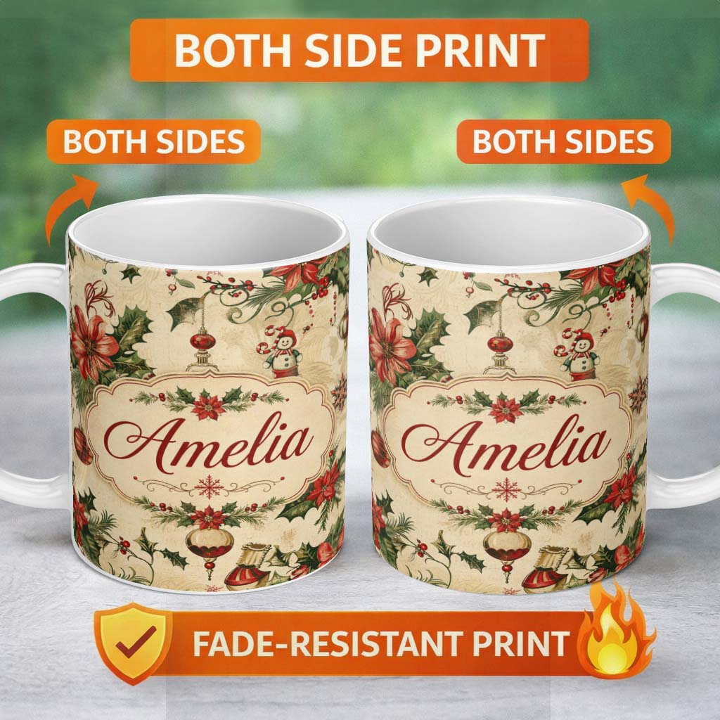Personalized Custom Name Classic Christmas Holly Poinsettia Baubles Seamless Pattern Festive 11oz Ceramic Coffee Tea Mug White Large Handle