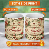 Personalized Custom Name Classic Christmas Holly Poinsettia Baubles Seamless Pattern Festive 11oz Ceramic Coffee Tea Mug White Large Handle