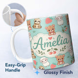 Personalized Custom Name Cute Cute Baby Animals Bear Sheep Sloth Strawberry Cherry Mint 11oz Ceramic Coffee Tea Mug White Large Handle
