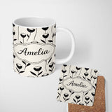 Personalized Custom Name Scandinavian Floral Stems Black Cream Simple Flower Pattern Lovely 11oz Ceramic Coffee Tea Mug White Large Handle