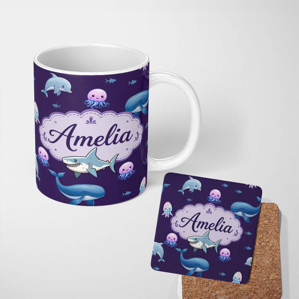 Personalized Custom Name Cute Dolphin Shark and Jellyfish Ocean Animals Purple Background 11oz Ceramic Coffee Tea Mug White Large Handle