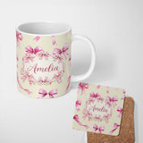 Personalized Custom Name Watercolor Pink Ribbon Bows Lavender Background Seamless Pattern 11oz Ceramic Coffee Tea Mug White Large Handle