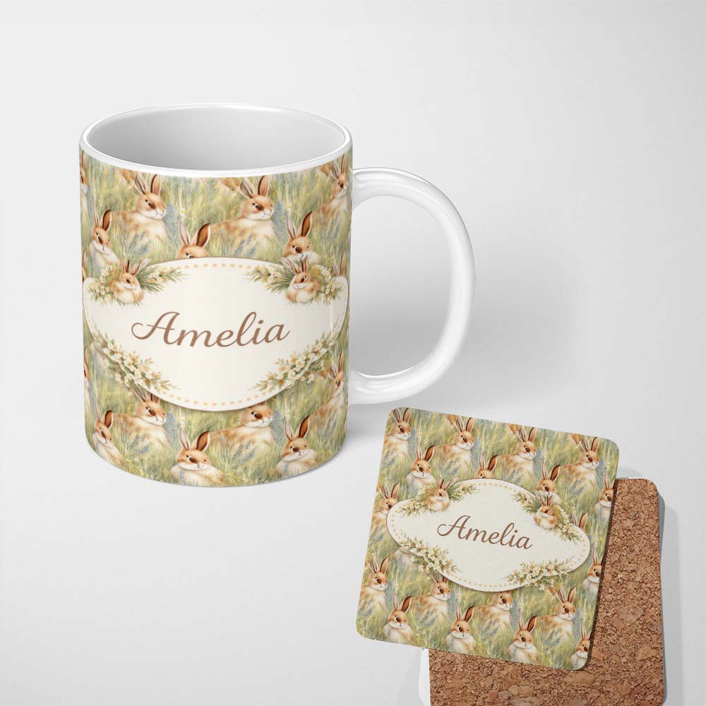 Personalized Custom Name Realistic Rabbit Wildflower Meadow Illustration Seamless Pattern 11oz Ceramic Coffee Tea Mug White Large Handle