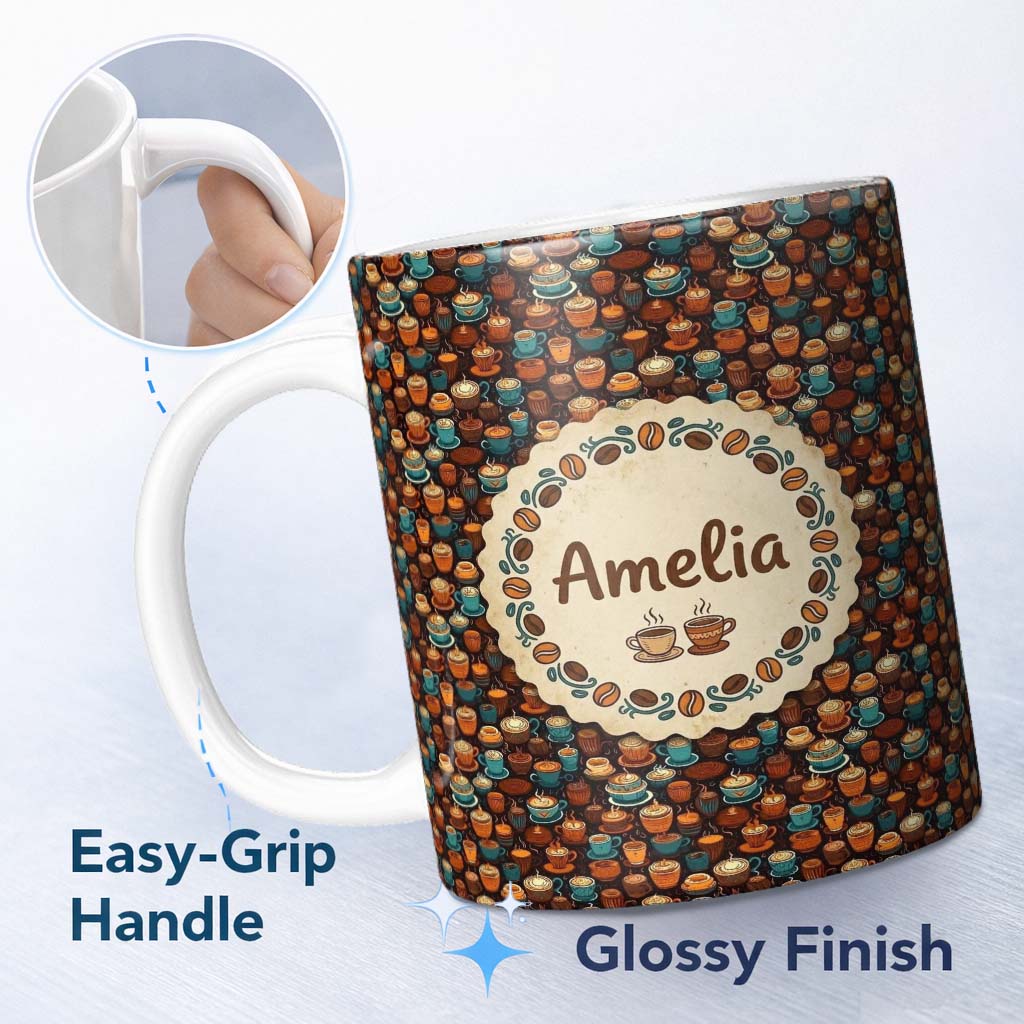 Personalized Custom Name Colorful Coffee Cups and Mugs Pattern on Dark Background Seamless 11oz Ceramic Coffee Tea Mug White Large Handle