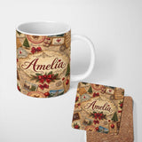 Personalized Custom Name Vintage Christmas Ephemera Postcards Stamps Script Letters and 11oz Ceramic Coffee Tea Mug White Large Handle