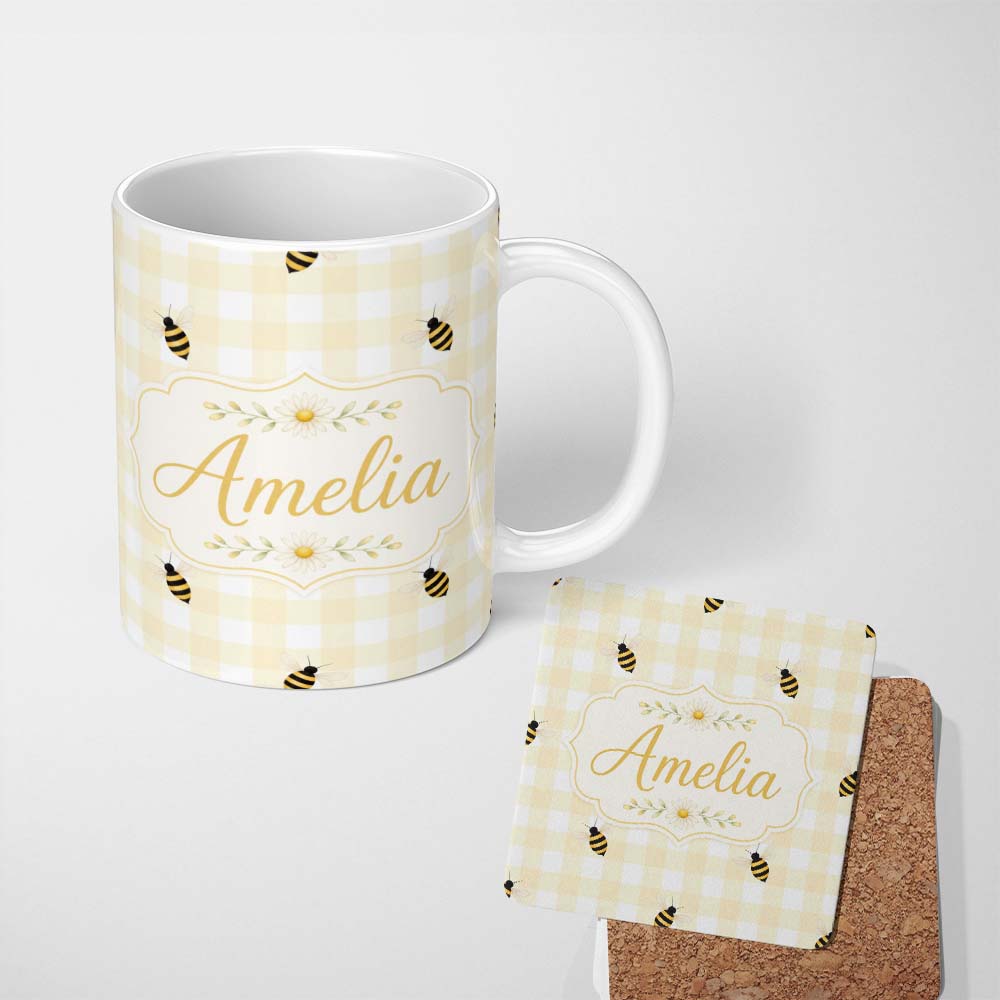 Personalized Custom Name Bee and Yellow Gingham Picnic Cute Seamless Pattern Cute Unique Gift 11oz Ceramic Coffee Tea Mug White Large Handle