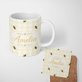 Personalized Custom Name Bee and Yellow Gingham Picnic Cute Seamless Pattern Cute Unique Gift 11oz Ceramic Coffee Tea Mug White Large Handle
