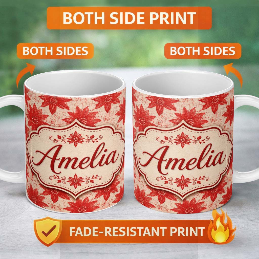 Personalized Custom Name Distressed Red Floral Block Print Texture Seamless Pattern Lovely 11oz Ceramic Coffee Tea Mug White Large Handle