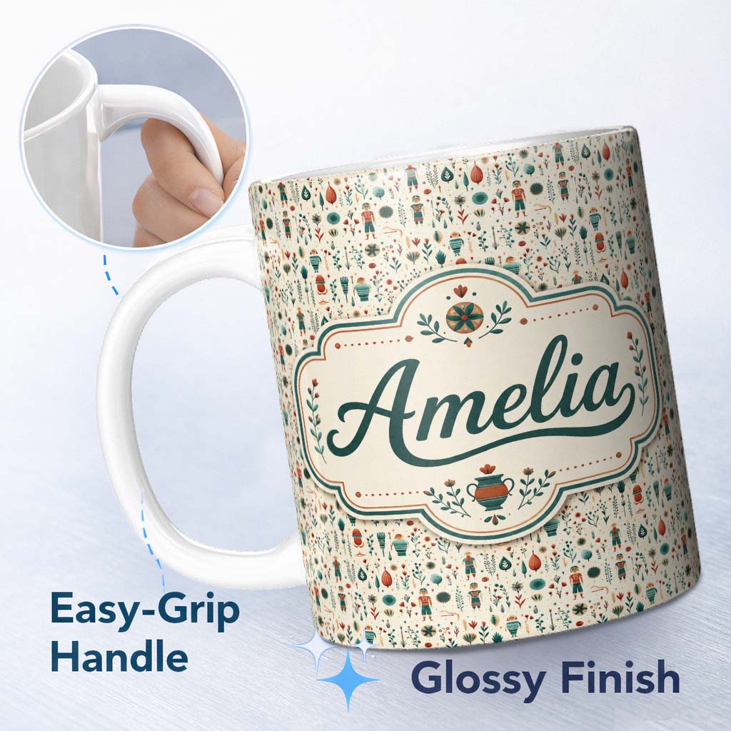 Personalized Custom Name Scandinavian Folk Art Floral and Character Seamless Pattern Nordic 11oz Ceramic Coffee Tea Mug White Large Handle
