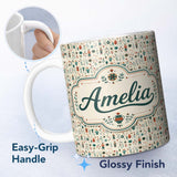 Personalized Custom Name Scandinavian Folk Art Floral and Character Seamless Pattern Nordic 11oz Ceramic Coffee Tea Mug White Large Handle