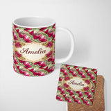 Personalized Custom Name Red Green Botanical Leaves Vintage Seamless Pattern Cute Unique Gift 11oz Ceramic Coffee Tea Mug White Large Handle