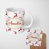 Personalized Custom Name Red Reindeer Christmas Seamless Pattern Cute Unique Gift Lovely 11oz Ceramic Coffee Tea Mug White Large Handle