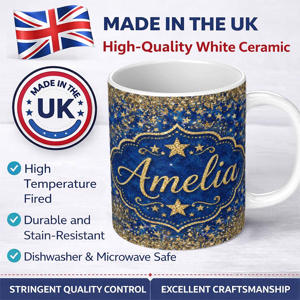 Personalized Custom Name Blue Galaxy Gold Star Glitter Seamless Pattern Design Sparkle Lovely 11oz Ceramic Coffee Tea Mug White Large Handle