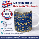 Personalized Custom Name Blue Galaxy Gold Star Glitter Seamless Pattern Design Sparkle Lovely 11oz Ceramic Coffee Tea Mug White Large Handle