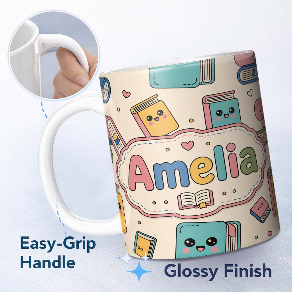 Personalized Custom Name Cute Kawaii Books and Study Elements Learning Seamless Pattern 11oz Ceramic Coffee Tea Mug White Large Handle