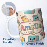 Personalized Custom Name Cute Kawaii Books and Study Elements Learning Seamless Pattern 11oz Ceramic Coffee Tea Mug White Large Handle