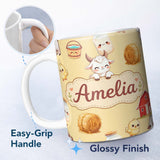 Personalized Custom Name Cute Farm Goat Barn Hay Bale Chick Milk Bucket Yellow Background 11oz Ceramic Coffee Tea Mug White Large Handle