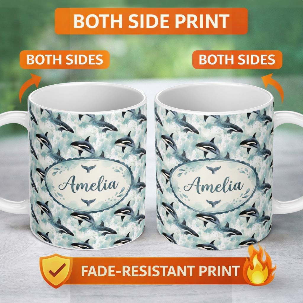 Personalized Custom Name Orca Whale Coral Reef Seamless Pattern Vibrant Ocean Life Design 11oz Ceramic Coffee Tea Mug White Large Handle
