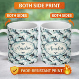 Personalized Custom Name Orca Whale Coral Reef Seamless Pattern Vibrant Ocean Life Design 11oz Ceramic Coffee Tea Mug White Large Handle