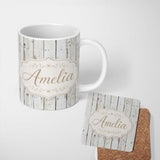 Personalized Custom Name Weathered White Wooden Plank Rustic Farmhouse Seamless Pattern 11oz Ceramic Coffee Tea Mug White Large Handle