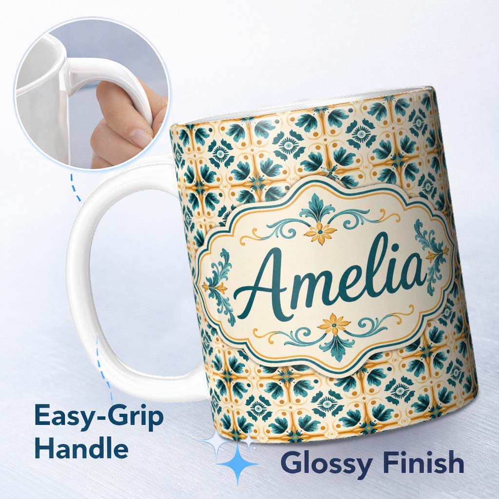 Personalized Custom Name Teal and Orange Stylised Floral Tile Pattern with Repeating Lovely 11oz Ceramic Coffee Tea Mug White Large Handle