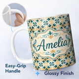 Personalized Custom Name Teal and Orange Stylised Floral Tile Pattern with Repeating Lovely 11oz Ceramic Coffee Tea Mug White Large Handle