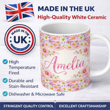 Personalized Custom Name Pastel Pink and Yellow Daisy Floral Seamless Pattern Lovely 11oz Ceramic Coffee Tea Mug White Large Handle