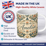Personalized Custom Name Classic Ornamental Damask Floral Symmetry Seamless Pattern Lovely 11oz Ceramic Coffee Tea Mug White Large Handle